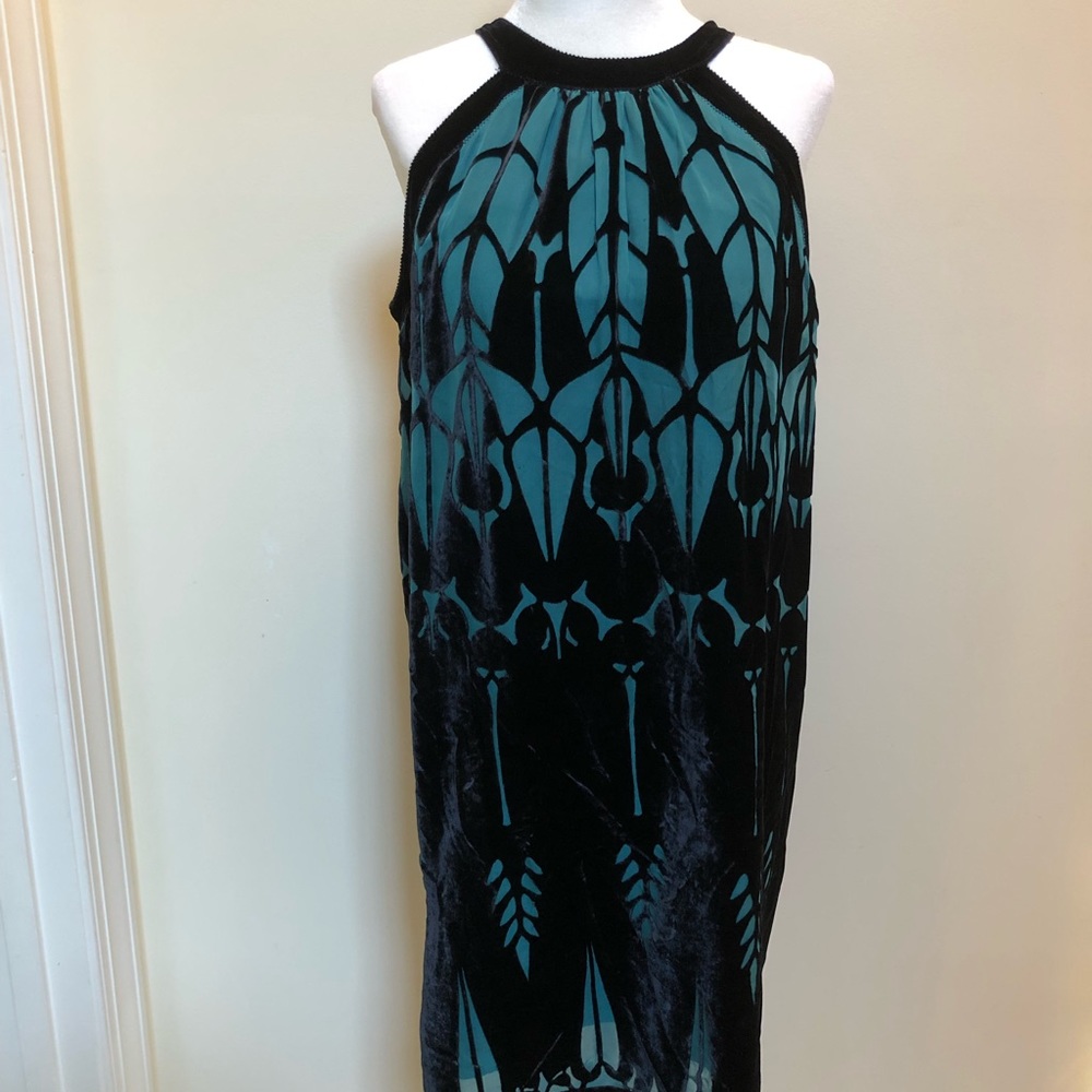 Black velvet and teal sleeveless dress